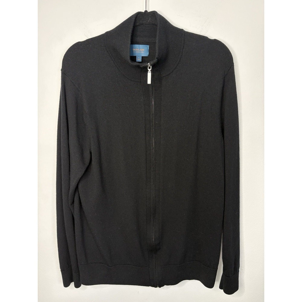 Fairlane Full Zip Sweater Men's Large Black 100% Merino Wool Quiet Luxury Preppy